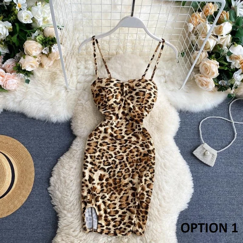 Leopard Adjustable Spaghetti Strap Backless Bodycon Party Dress CODE: KAR959 Satin Halter Glamorous