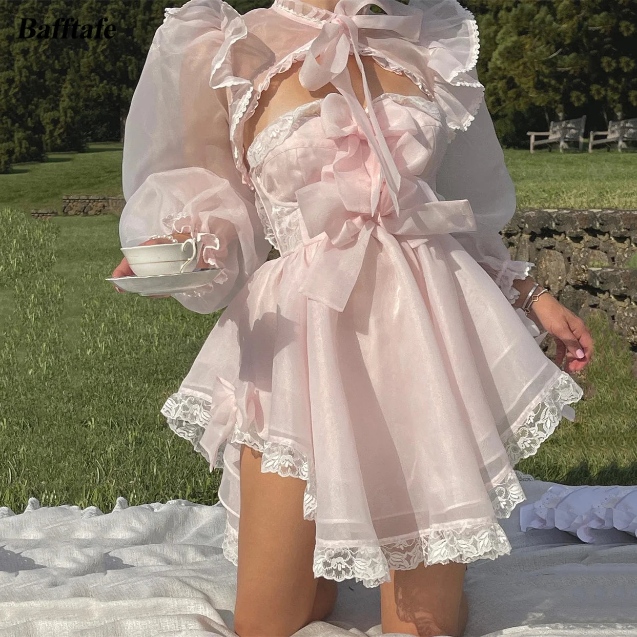 LIZAKOSHT - Fairy A Line Pink Organza Short Prom Dresses Puff Long Sleeves Lace Bow Formal Occasion Party Dress Wedding Gowns Tunics Hiking breathable LIZAKOSHT - Fairy A Line Pink Organza Short Prom Dresses Puff Long Sleeves Lace Bow Formal Occasion Party Dress Wedding Gowns Tunics Hiking breathable