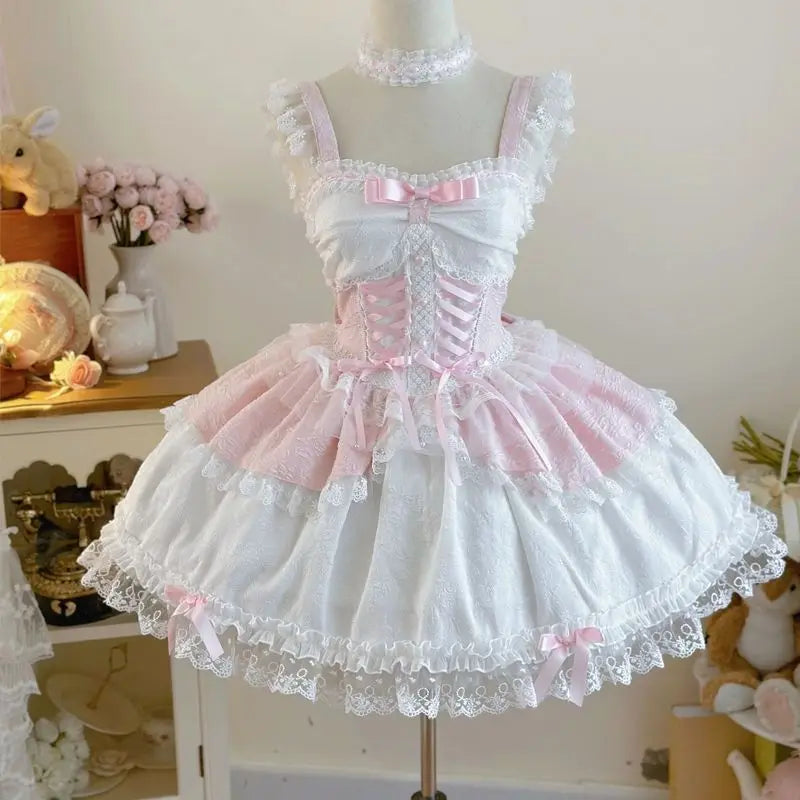 LIZAKOSHT - Japan Sweet Lolita Jsk Mini Dress Women Elegant Cute Bow Lace Bandage Princess Strap Dresses Girls Y2k Gothic Tea Party Dress Tunics Office stylish LIZAKOSHT - Japan Sweet Lolita Jsk Mini Dress Women Elegant Cute Bow Lace Bandage Princess Strap Dresses Girls Y2k Gothic Tea Party Dress Tunics Office stylish
