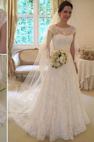Long A-Line Round Neck Illusion White Lace Wedding Party Dresses WD0044 Mermaid Tail Wedding Long A-Line Round Neck Illusion White Lace Wedding Party Dresses WD0044 Mermaid Tail Wedding