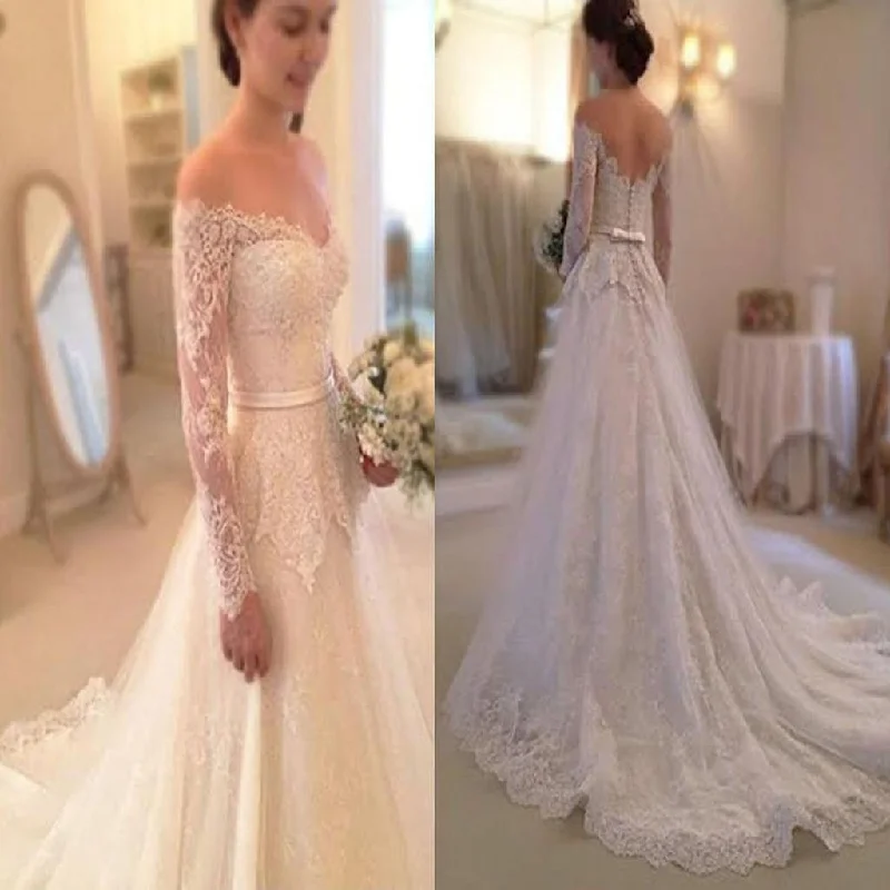 Simple Long Sleeve Off The Shoulder Lace Elegant Vintage Wedding Party Dresses,WDY0151 Boatneck Modish Everyday Simple Long Sleeve Off The Shoulder Lace Elegant Vintage Wedding Party Dresses,WDY0151 Boatneck Modish Everyday