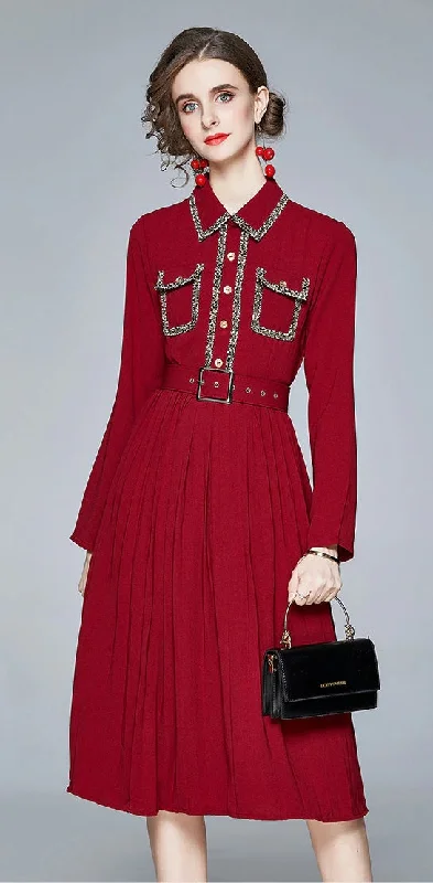 Long Sleeve Pleated Midi Dress Lady Work Bottons up Party Dresses CODE: KAR837 Off-the-shoulder Chic Trendy Long Sleeve Pleated Midi Dress Lady Work Bottons up Party Dresses CODE: KAR837 Off-the-shoulder Chic Trendy