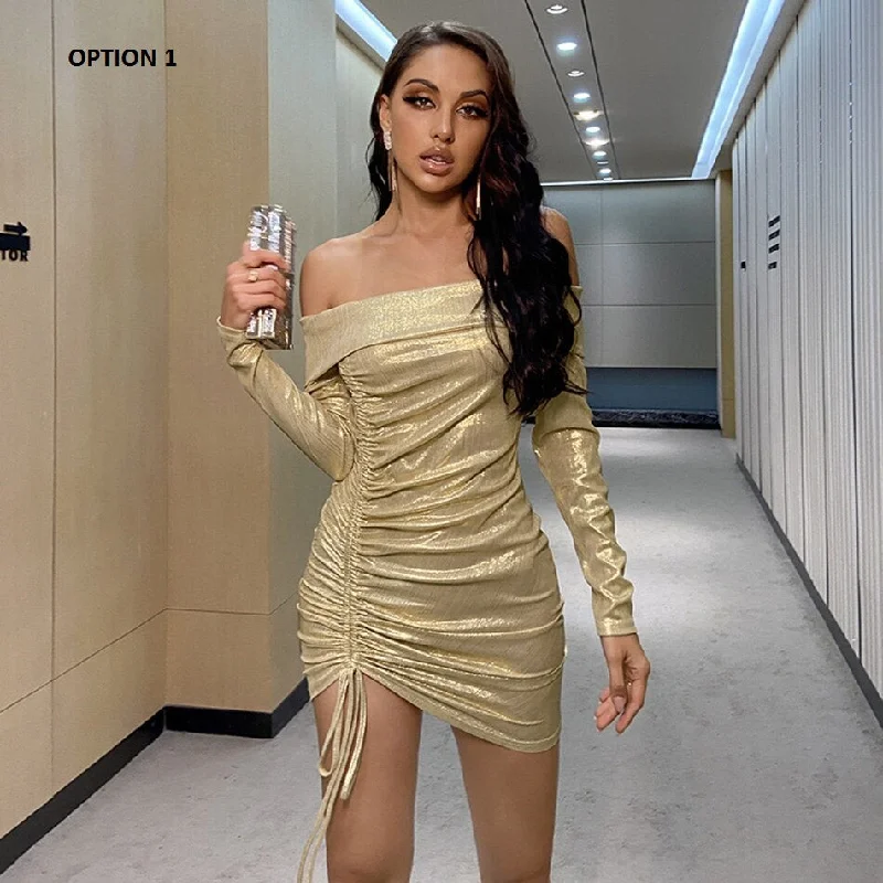 Long-sleeved Irregular Sexy Folds Drawstring Bag Hip Mini Party Dress CODE: KAR1012 Tunics Business professional Long-sleeved Irregular Sexy Folds Drawstring Bag Hip Mini Party Dress CODE: KAR1012 Tunics Business professional