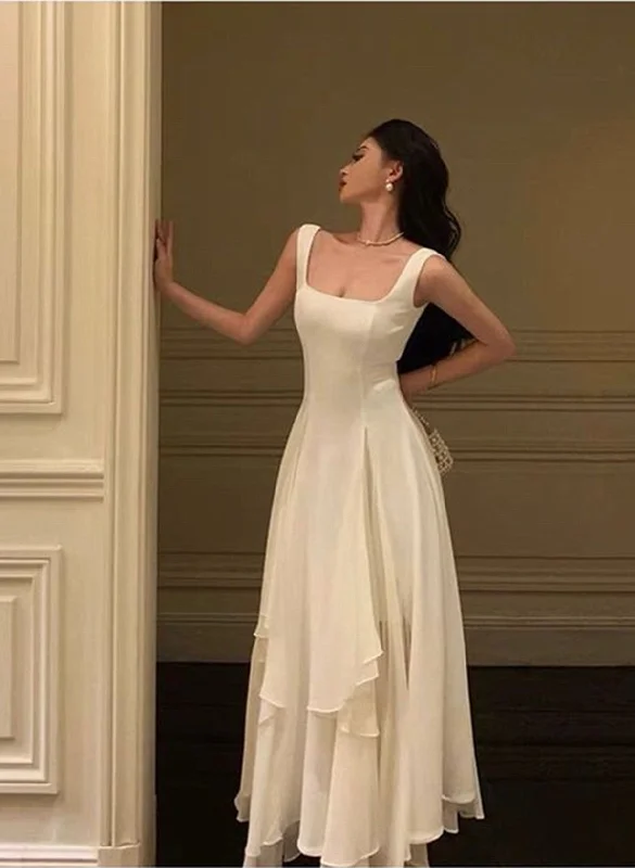 Lovely Ivory Chiffon Straps Long Party Dress Prom Dress, Ivory Wedding Party Dress Tunics Canvas sturdy
