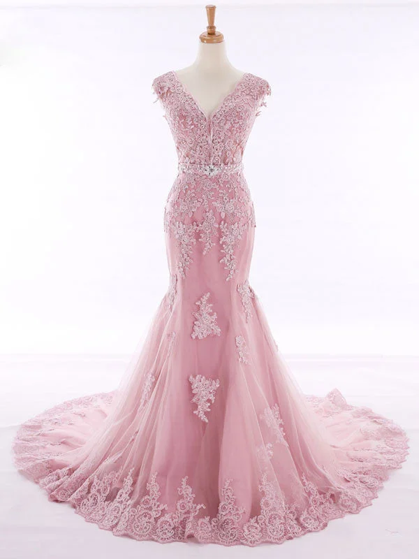 Pink Lace Mermaid Evening Gown with Open Back RS201604 Tunics Polka dots