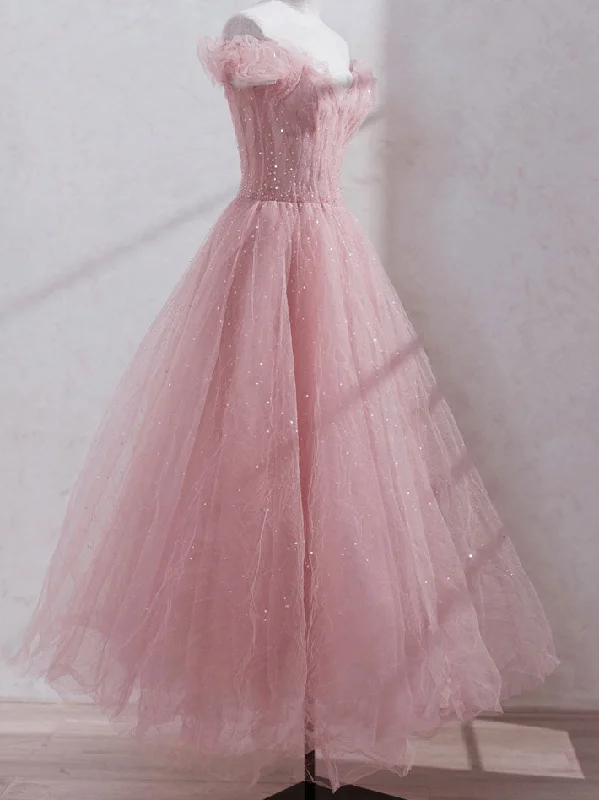 Pink Off Shoulder Tulle Tea Length Prom Dress,Pink Tulle Wedding Party Dresses Tunics Timeless classic Pink Off Shoulder Tulle Tea Length Prom Dress,Pink Tulle Wedding Party Dresses Tunics Timeless classic