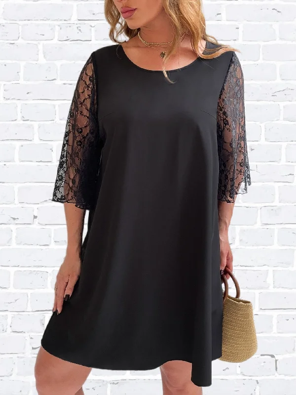 Plus Size 4XL Midi Dress for Women Half Lace Sleeve Autumn Black Ladies Loose Cotton Casual Elegant Oversized Party Dresses Halter Neckline Beach Plus Size 4XL Midi Dress for Women Half Lace Sleeve Autumn Black Ladies Loose Cotton Casual Elegant Oversized Party Dresses Halter Neckline Beach