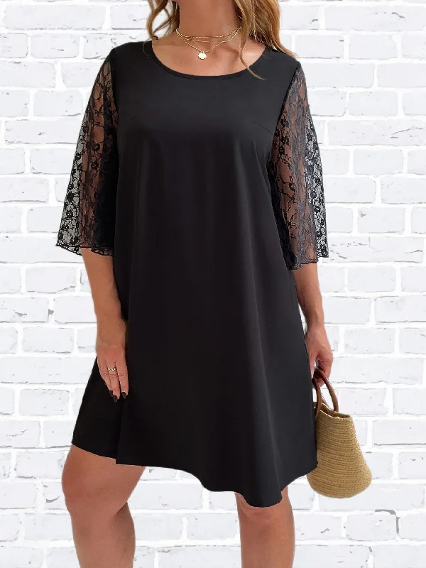 Plus Size 4XL Midi Dress for Women Half Lace Sleeve Autumn Black Ladies Loose Cotton Casual Elegant Oversized Party Dresses Tunics Denim casual Plus Size 4XL Midi Dress for Women Half Lace Sleeve Autumn Black Ladies Loose Cotton Casual Elegant Oversized Party Dresses Tunics Denim casual