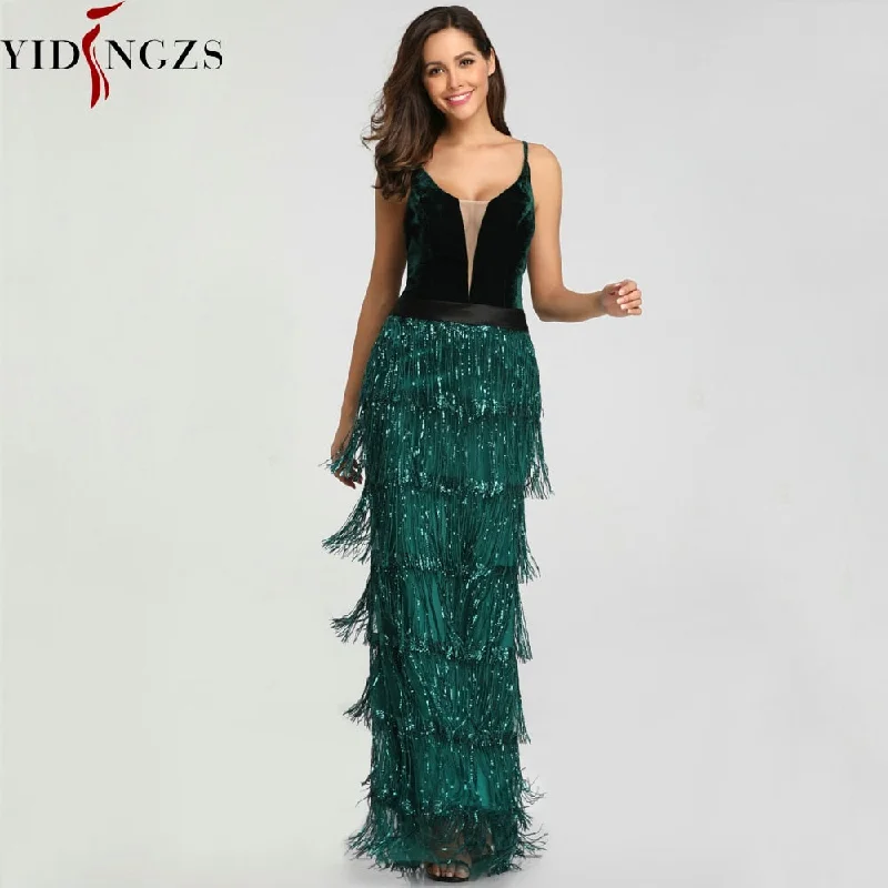 Sequins Tassel Sexy Long Prom Dress Elegant V-neck Party Dress Tunics Polka dots