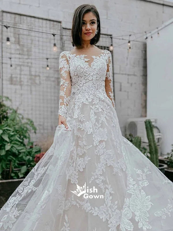 Sexy Long Sleeves Lace Tulle Appliques A-line Wedding Party Dresses With Trailing, WGB012 Glittery Long Formal Sexy Long Sleeves Lace Tulle Appliques A-line Wedding Party Dresses With Trailing, WGB012 Glittery Long Formal