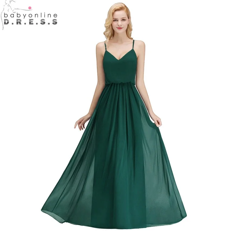 Sexy V Neck Chiffon Long Bridesmaid Dress  Spaghetti Straps Sleeveless Wedding Party Dress Robe Demoiselle D'honneur sweetheart Neckline Romantic
