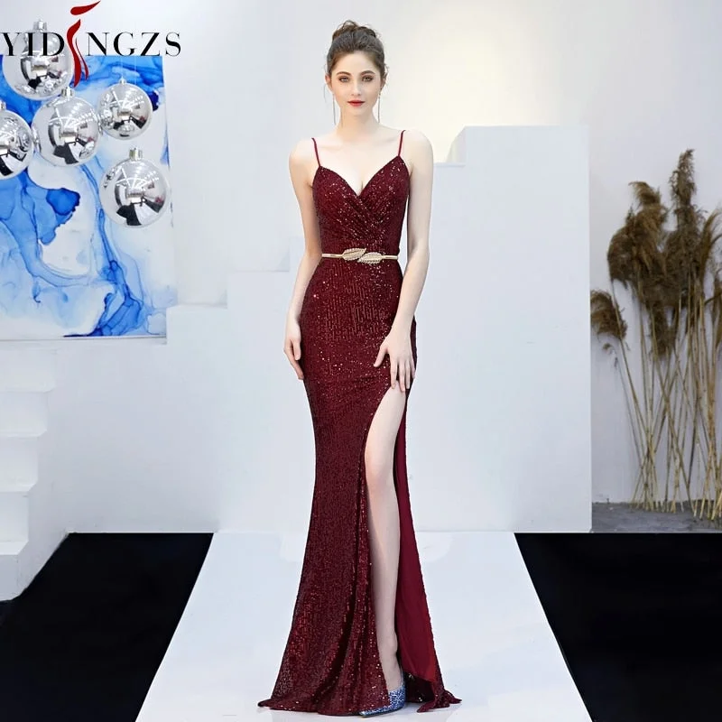 Sexy V-neck Split Long Prom Dress Strap Sequins Prom Party Dress Green/Black/Navy/Gold/RED Pleated Skirt Elegant Sexy V-neck Split Long Prom Dress Strap Sequins Prom Party Dress Green/Black/Navy/Gold/RED Pleated Skirt Elegant