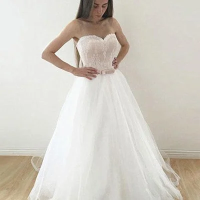 Simple A_Line Strapless White Tulle Lace Wedding Party Dresses With Belt, WDY0152 Boat Neckline Classic Simple A_Line Strapless White Tulle Lace Wedding Party Dresses With Belt, WDY0152 Boat Neckline Classic
