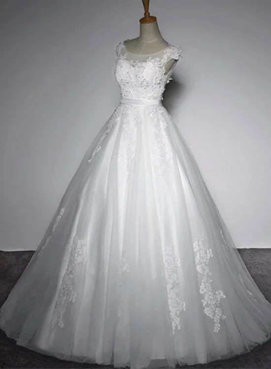 Simple Wedding Gowns, Tulle Round Neckline Lace Detail Party Dress, White Formal Gowns Tunics Floral girly Simple Wedding Gowns, Tulle Round Neckline Lace Detail Party Dress, White Formal Gowns Tunics Floral girly