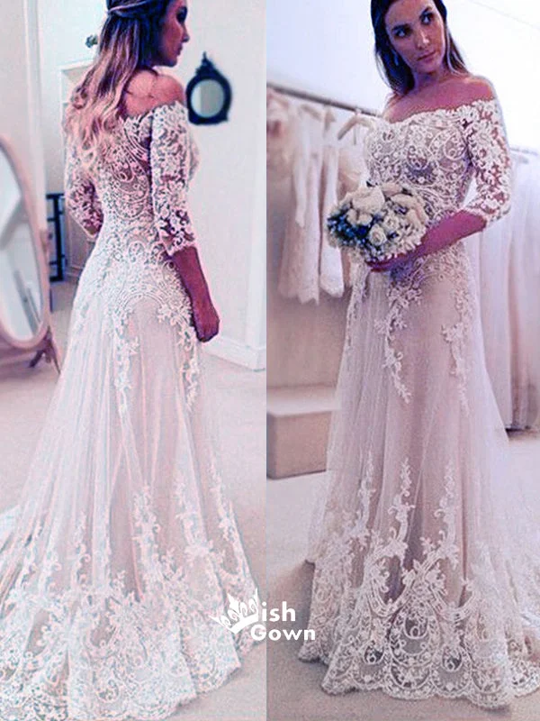 Stunning Off Shoulder Half Sleeve Long A-line Wedding Party Dresses, WD0059 Tunics Fleece cozy Stunning Off Shoulder Half Sleeve Long A-line Wedding Party Dresses, WD0059 Tunics Fleece cozy