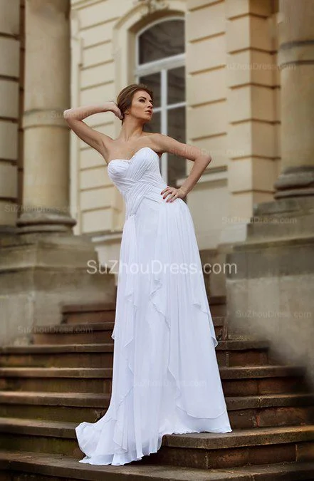 Sweetheart White Wedding Gowns Chiffon Floor length Ruffles Lace up Wedding Party Dresses Tunics Long Elegant Sweetheart White Wedding Gowns Chiffon Floor length Ruffles Lace up Wedding Party Dresses Tunics Long Elegant