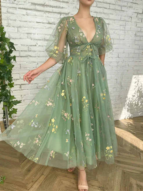 V-neck Floral Long Prom Dresses, A-line Prom Dresses, Green Party Dresses, 2022 Prom Dresses, RC038 Tunics Winter warm V-neck Floral Long Prom Dresses, A-line Prom Dresses, Green Party Dresses, 2022 Prom Dresses, RC038 Tunics Winter warm