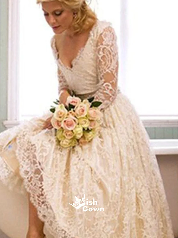 Vantage V-Neck Long Sleeve Tea Length White Lace Princess Wedding Party Dresses, WD0031 Satin Halter Glamorous Vantage V-Neck Long Sleeve Tea Length White Lace Princess Wedding Party Dresses, WD0031 Satin Halter Glamorous