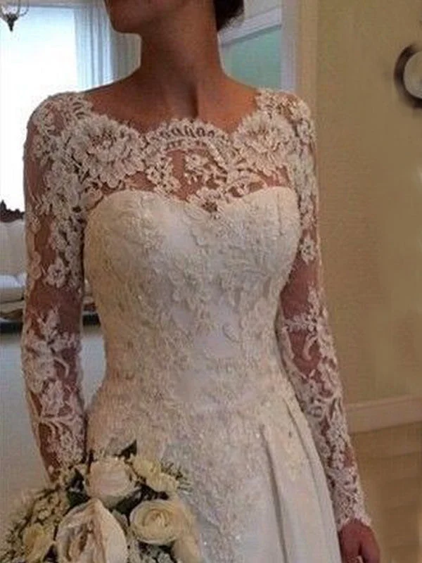 Long A-line Full Length Round Neck Long Sleeve Lace Top Satin Wedding Party Dresses, WD0043 Tunics Short Trendy Long A-line Full Length Round Neck Long Sleeve Lace Top Satin Wedding Party Dresses, WD0043 Tunics Short Trendy