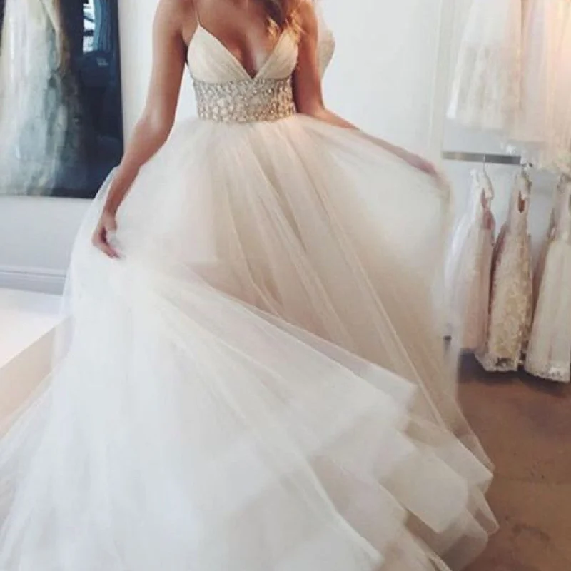 Popular Spaghetti Sexy V-neck Long A-line White Organza Wedding Party Dresses White Rhinestone, WD0095 sweetheart Neckline Romantic Popular Spaghetti Sexy V-neck Long A-line White Organza Wedding Party Dresses White Rhinestone, WD0095 sweetheart Neckline Romantic