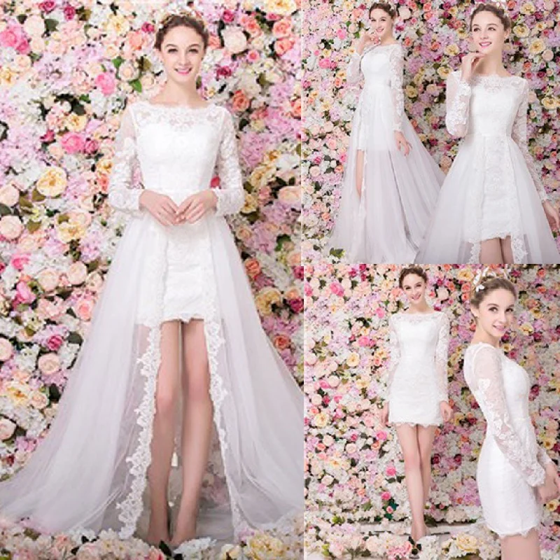 Popular Two Pieces Scoop Neck Long Sleeve Lace Tulle Wedding Party Dresses, WD0163 Glittery Long Formal Popular Two Pieces Scoop Neck Long Sleeve Lace Tulle Wedding Party Dresses, WD0163 Glittery Long Formal