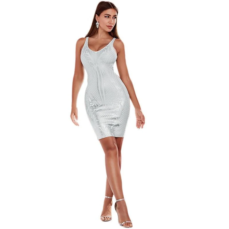 White Sequins Sleeveless Bandage Club Party Dress Cowl Neckline Elegant