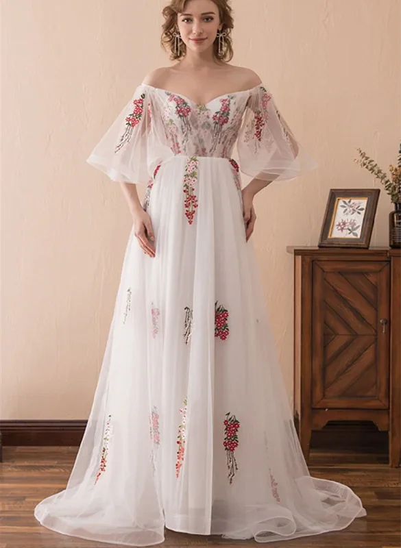 White Tulle with Lace Off Shoulder Long Party Dress, White Floral Wedding Party Dress Tunics Solid Classic White Tulle with Lace Off Shoulder Long Party Dress, White Floral Wedding Party Dress Tunics Solid Classic