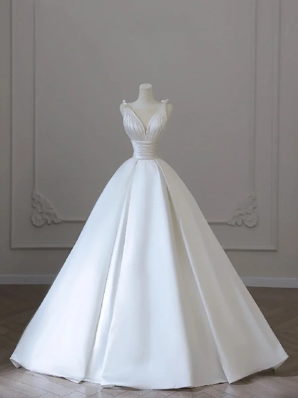 White V-Neck Satin Long Formal Dress, Elegant A-Line Wedding Party Dress Tunics Fleece cozy White V-Neck Satin Long Formal Dress, Elegant A-Line Wedding Party Dress Tunics Fleece cozy