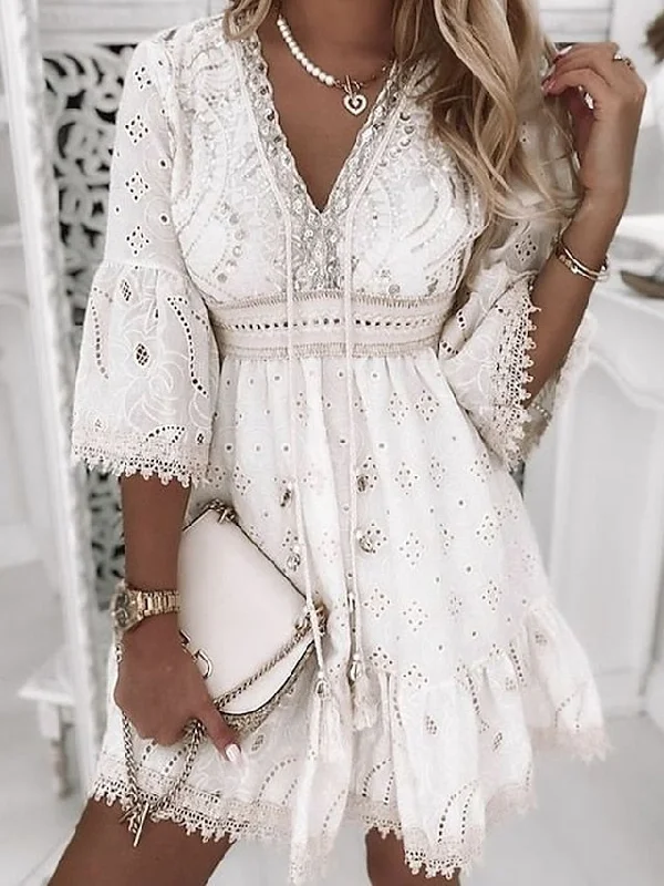 Women's Party Dress Casual Dress Lace Dress Mini Dress White Beige 3/4 Length Sleeve Embroidery Ruched Summer Spring Fall V Neck Fashion Wedding Summer Dress Office S M L XL 2XL 3XL Tunics Prom sequined Women's Party Dress Casual Dress Lace Dress Mini Dress White Beige 3/4 Length Sleeve Embroidery Ruched Summer Spring Fall V Neck Fashion Wedding Summer Dress Office S M L XL 2XL 3XL Tunics Prom sequined