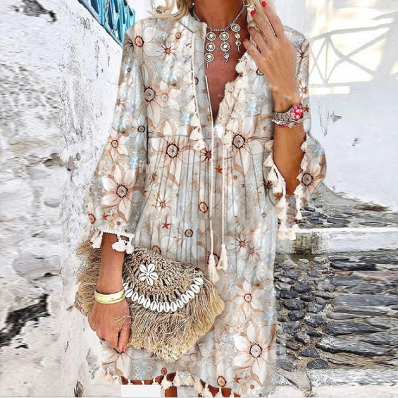 Women Vintage Print V Neck Tassel Mini Dress Casual Loose Three Quarter Sleeve Beach Dress 2022 Spring Summer Party Dress Femme Tunics Trendy modern Women Vintage Print V Neck Tassel Mini Dress Casual Loose Three Quarter Sleeve Beach Dress 2022 Spring Summer Party Dress Femme Tunics Trendy modern