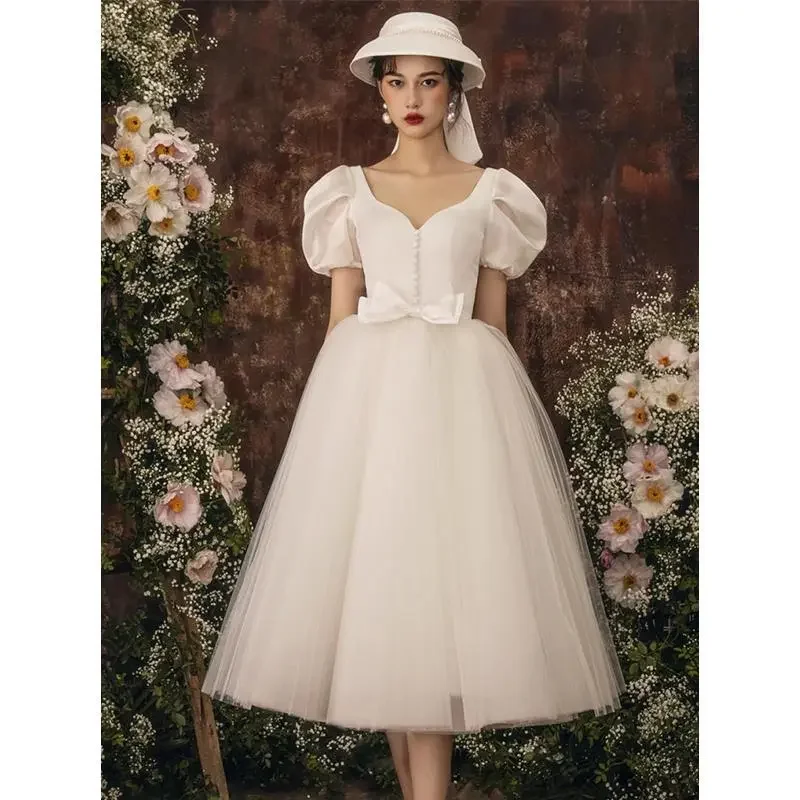 Women Wedding Simple French Luxury Puff Sleeves Mesh Party Dress Off-the-shoulder Chic Trendy Women Wedding Simple French Luxury Puff Sleeves Mesh Party Dress Off-the-shoulder Chic Trendy