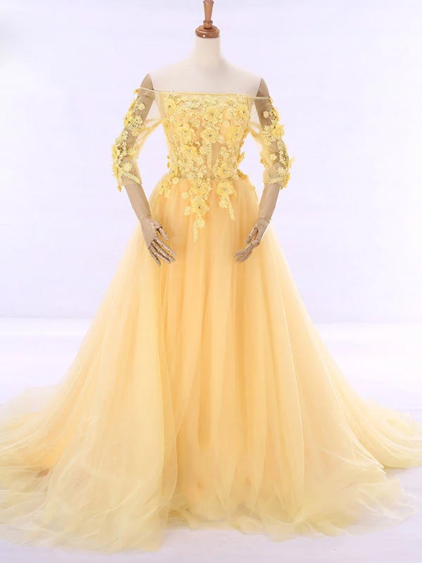 Yellow Off Shoulder Formal Evening Gown with Daisy Flowers RS201610 Tunics Lace romantic Yellow Off Shoulder Formal Evening Gown with Daisy Flowers RS201610 Tunics Lace romantic