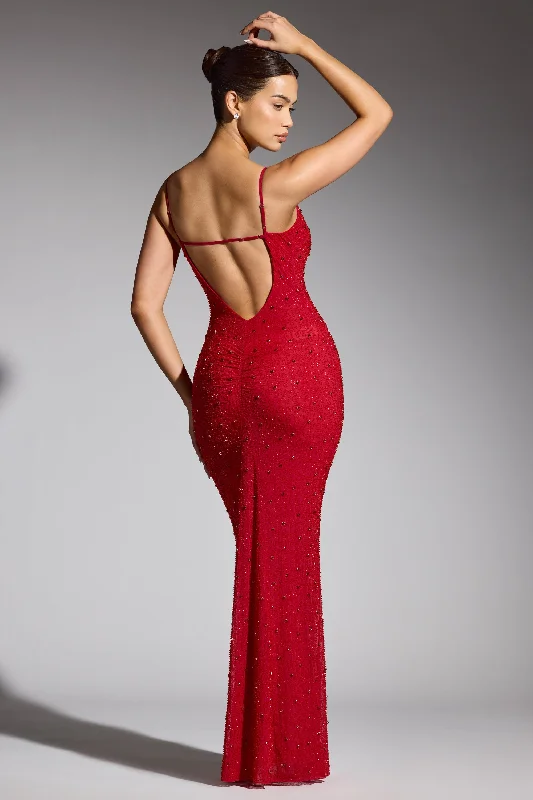 Embellished Plunge Neck Evening Gown in Red Tunics Office stylish