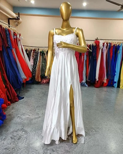 W633, White Slit Cut Evening Gown, (All Sizes) Tunics Running lightweight