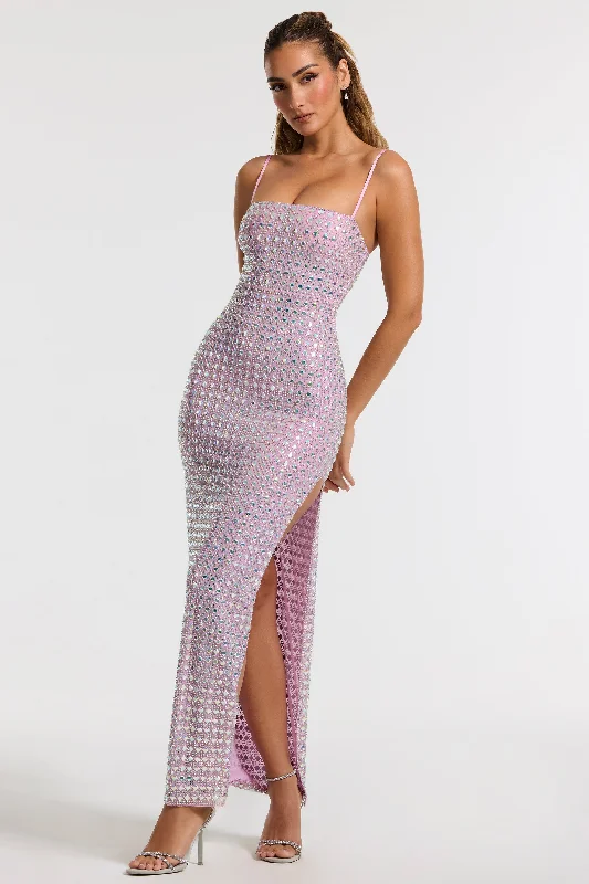 Embellished Square Neck Evening Gown in Lilac Tunics Evening elegant