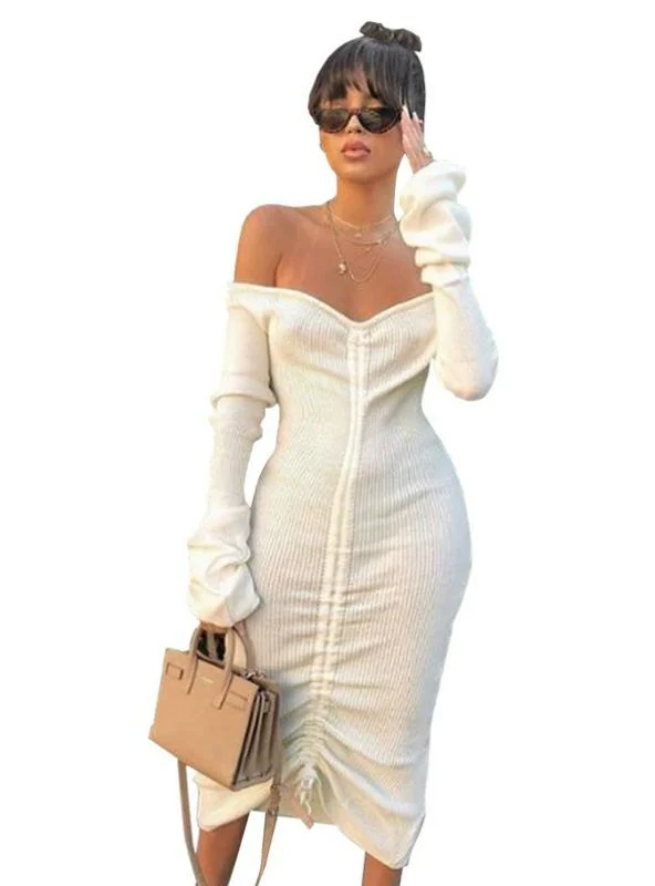 WOMEN WHITE SLASH NECK LONG SLEEVE CLUB PARTY DRESS Tunics Yoga stretchy