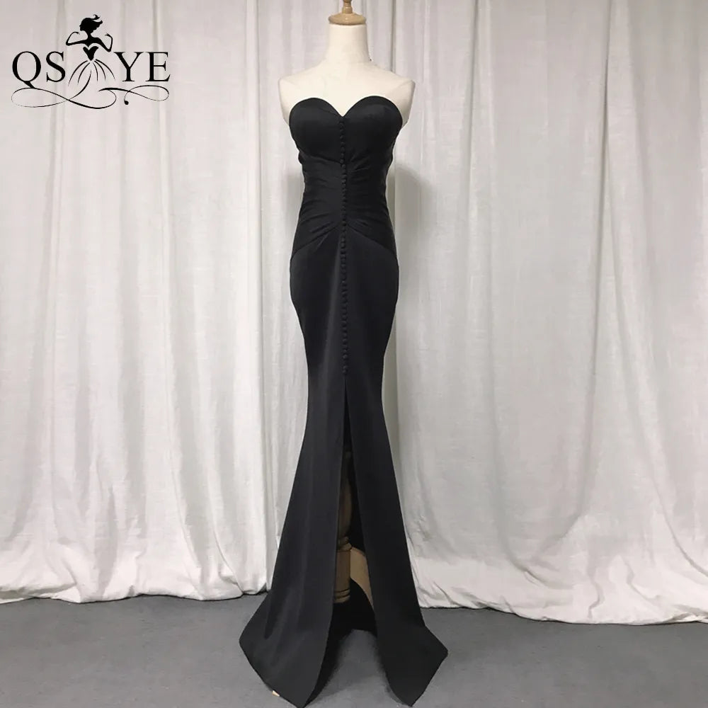 Front Split Black Mermaid Long Prom Dress Fitted Elastic Ruched Evening Gown Tunics Bridal satin Front Split Black Mermaid Long Prom Dress Fitted Elastic Ruched Evening Gown Tunics Bridal satin